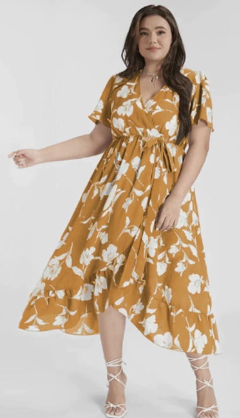 Bloomchic Women 22 Mustard Yellow & White Floral Side Knot Wrap Midi Dress